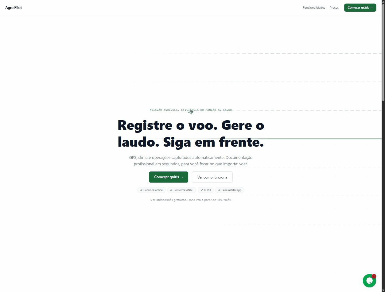 Agro Pilot marketing landing page: hero, features, and pricing sections of the agricultural aviation flight-report SaaS