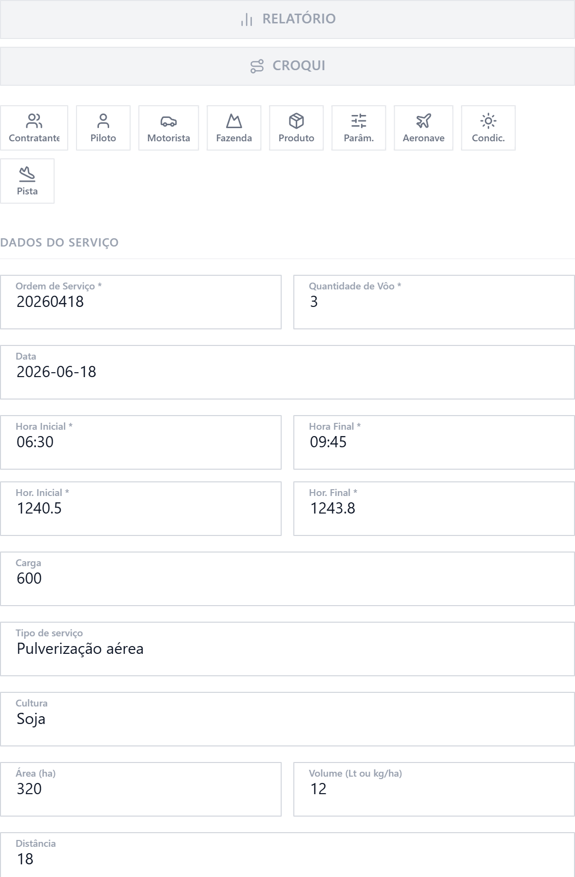 Agro Pilot service builder: structured flight-report (laudo) form with operation, crew, aircraft and field sections, populated with a spraying operation